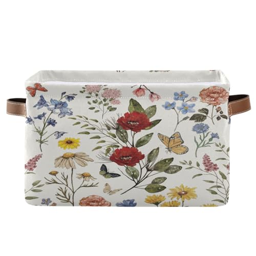 Image of Vintage Floral Storage Basket Bin for Shelves Closet Butterfly Rose Foldable Fabric Storage Box Cube with Handles Kids Gift Toy Shelf Basket Organizer for Bedroom Nursery Home Decor