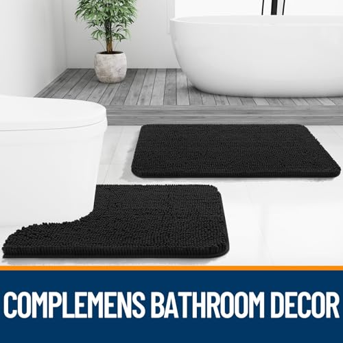Image of OLANLY Bathroom Rugs Sets 2 Piece, Soft Absorbent Chenille Bath Rug Set, Non-Slip, Quick Dry, Machine Washable Bath Mats for Bathroom, Home Decor Accessories (36 inchx24 inch+30 inchx20 inch, Black)
