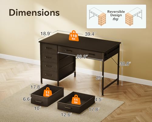 Image of ODK Computer Desk with 6 Drawers, 40 Inch Small Desk with Storage, Reversible Desk with Headphone Hook for Home Office, Work Study Table for Bedroom, Black