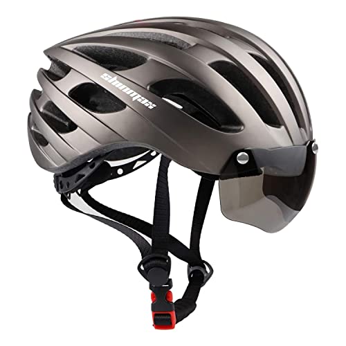 Shinmax Casque Velo Homme Femme, Casque Vélo avec Lumière USB Rechargeable Certifié CE Casque Velo avec Magnétiques Visière UV de Protection Casque VTT Autocollant Lumineux 57-62CM(RC-049)