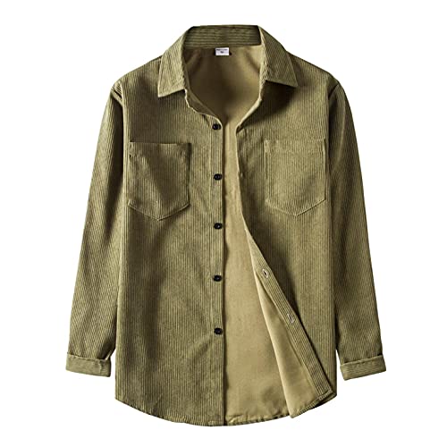 Mens Casual Button Down Corduroy Shirts Long Sleeve Cotton Pockets Jacket Collared Vintage Tee Shirt Tops Army Green #TOP16