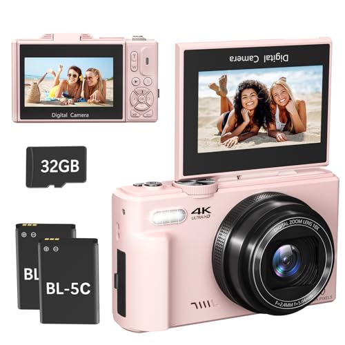4K Digital Camera for Photography, 64MP Compact Vlogging Camera with WiFi and 3' 180° Flip Screen, 18X Digital Zoom, Ideal for YouTube Creators, Includes 2 Batteries & 32GB Micro SD Card, Pink