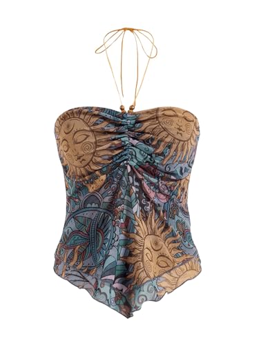 Women's Vintage Tops Beaded Halter Ruched Lettuce Trim Tube Top Boho Mesh Backless Western Tops