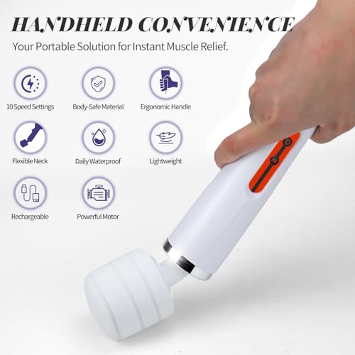 Image of Rechargeable Wand Massager for Women, 10-Speed Cordless Handheld Massager, Portable Electric Deep Tissue Massage Tool for Full Body Muscle Recovery, Neck, Back, Shoulder & Foot (White-USB)