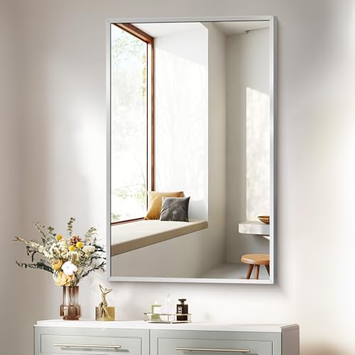 Image of COFENY Silver Bathroom Mirror for Wall, 30x48 Inch Rectangle Mirrors with Metal Frame, Modern Vanity Wall Mirror Decor for Bathroom Living Room, Entryway Hangs Horizontal or Vertical