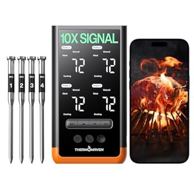 ThermoMaven Wireless Bluetooth Smart Meat Thermometer: Standalone Base, WiFi Thermometer with Sub-1G, 6 Sensors NIST Certified Accuracy, 4 Probes, for Kitchen, BBQ, Grill, Oven, Smoker, Rotisserie