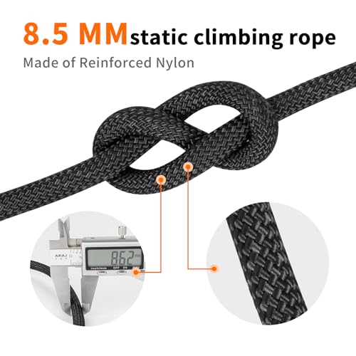 AOLEBA 8.5mm Static Climbing Rope, Outdoor Rock Climbing Ropes, Heavy Duty Rappelling Rope for Fire Rescue, Escape, 10M(32Ft) 20M(64Ft) 30M(96Ft) Ice Climbing Equipment & Parachute Accessories