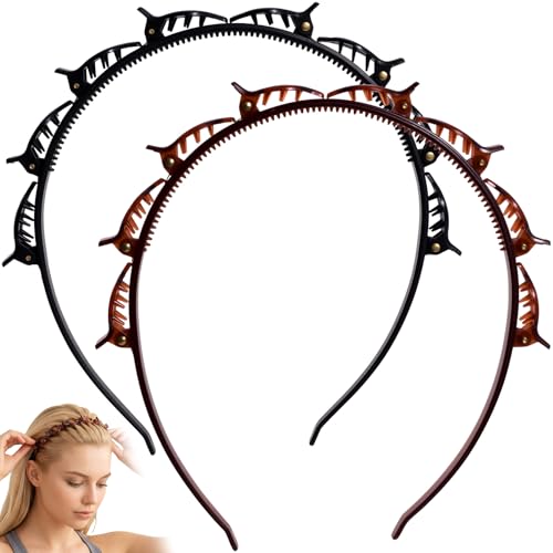 YALOJE 2 Pcs Headband Each with Clips, 90s Butterfly Hair Clips Headband for Women with Teeth, Braided Weave Bangs Clip Non-Slip Hair Bands Accessories for DIY styling Decoration- Black, Dark Brown