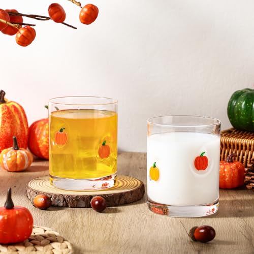 Skylety 2 Pcs Pumpkin Icon Juice Glasses Fall Halloween Drinking Cups | Old Fashioned Stemless Glasses, 13.5 oz Whiskey Cocktail Coffee Mugs, Harvest Party Gift Decor