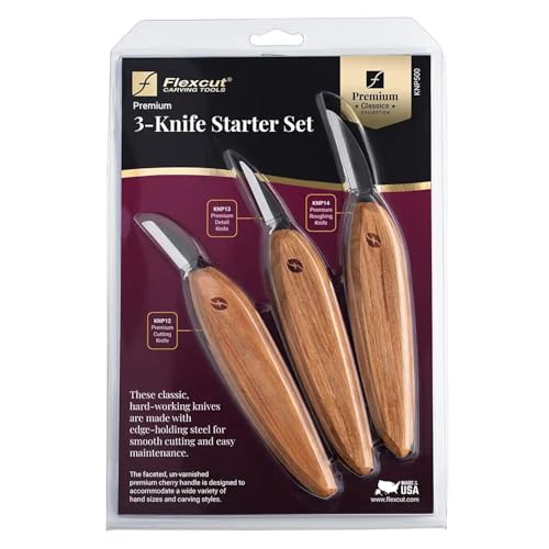 Flexcut Premium Series Wood Carving Tool Set 3-Knife Starter Kit with Cutting Detail and Roughing Knives Ergonomic Cherry Wood Handles USA Made