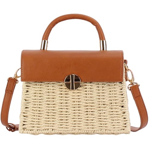 Women Straw Beach Bag, Small Retro Crossbody Shoulder Bag Rattan Purse Top Handle Square Handbag