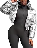 COZYPOIN Women's Metallic Shiny Cropped Puffer Jacket Long Sleeve y2k Zip Up Padded Down Short Coat Outerwear