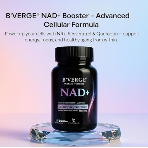 Image of B'VERGE NAD Supplement Booster With Resveratrol & NR (NMN Alternative) | NAD+ Precursors | Supports Healthy Aging, Cellular Repair, Muscle Strength & Brain Function | 30 Veg Capsules (30 count (Pack of 1), NAD 30 Caps)