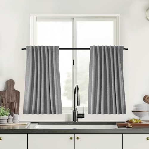 UHITECH Short Linen Blackout Curtains 45 Inch Long 2 Panels Set, Grey