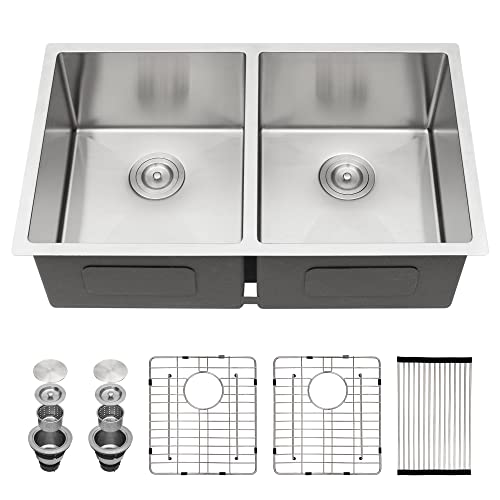 33 Undermount Sink Double Bowl - Sarlai 33X19 Kitchen Sink Undermount Stainless Steel 16 Gauge Round Corner Double Bowl 50/50 Sink Basin #TOP18