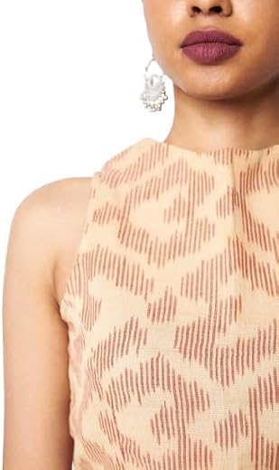 NARA Sera Beige Geometric Ikat Halter Crop Top for Women | High Neck Sleeveless Cotton Summer Blouse with Back Keyhole | R...