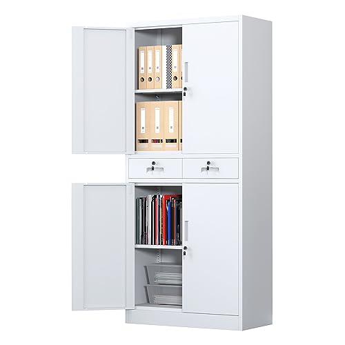 Image of JINGUR Metal Storage Cupboard with Locking Doors and 2 Drawers, Lockable Steel Storage Cabinets with Adjustable Shelves for Home Office Garage Kitchen Pantry (White)