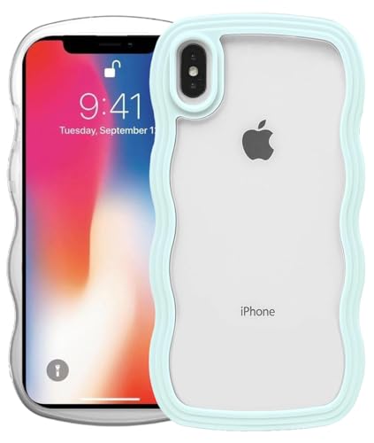 Image of GoldKart iPhone X /Xs Case Wavy Edge Clear Back Design, Anti-Slip Grip Cute Wave Curly Frame Shape Shockproof Soft TPU & Hard PC Bumper Protective Phone Case Cover for Women Girls - Light Blue