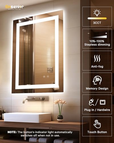 Ensenior LED Bathroom Mirror 30"x 36" with Front and Backlight, Stepless Dimmable Wall Mirrors with Anti-Fog, Shatter-Proof, Memory, 3 Colors, Modern LED Vanity Mirror-FCC