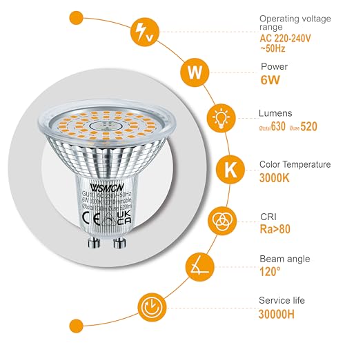 WSMCN GU10 LED Bulbs Dimmable 6W, Warm White 3000K 520LM, 70W PAR16 Halogen Equivalent, Beam Angle 120° - Image 2