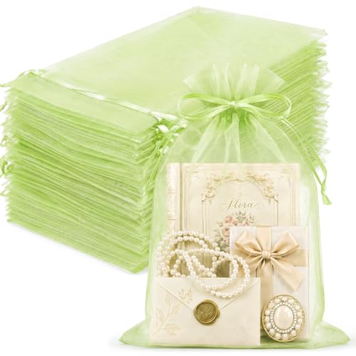 Image of FUNFERY 100PCS Apple Green Organza Gift Bags 6x9in,Drawstring Jewelry Pouch