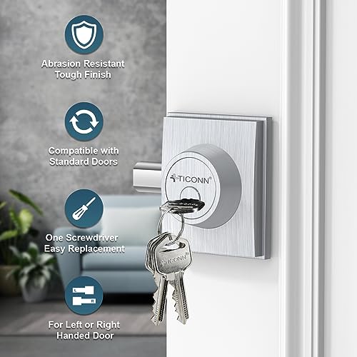 Image of TICONN Front Door Handle Set, Heavy Duty Square Door Lever & Single Cylinder Deadbolt Combo Reversible for Entrance Exterior Doors (Deadbolt Only)