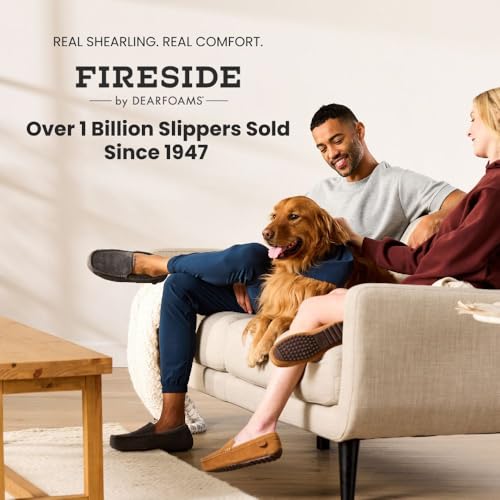 Image of Fireside By Dearfoams Men's Melbourne Genuine Shearling Moccasin Slippers, Memory Foam Sudede Loafers Slip-in House Shoes