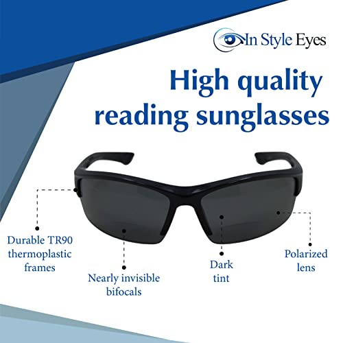 In Style Eyes Magnificent Mawi Wrap Around Bifocal Sunglasses - Semi-Rimless Frame Reading Glasses - Polarized Lens - Black - 1.5X #TOP2