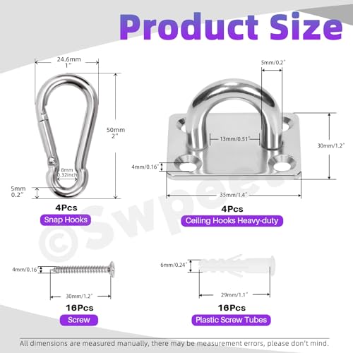 Swpeet 40 Pcs M5 Premium Heavy Duty Square Edelstahl Schraubenhaken Kit mit Pad Eye Haken, Snap Haken, Schrauben mit Kunststoff Expansionsrohr, Deckenhaken für Outdoor Indoor Aktivität