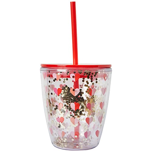 C.r. Gibson Glitter Hearts Acrylic Tumbler With Lid And Straw, 4" W X 4.5" H, 12 Fl. Oz, Red #TOP18