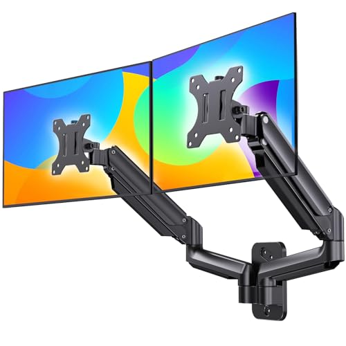 Soporte Monitor Pared de 17 a 27 pulgadas HUANUO, Brazo Monitor Pared con brazo de resorte de gas, Soporte para brazo de dos Monitores VESA 75/100 mm, capacidad de carga 3-12 kg