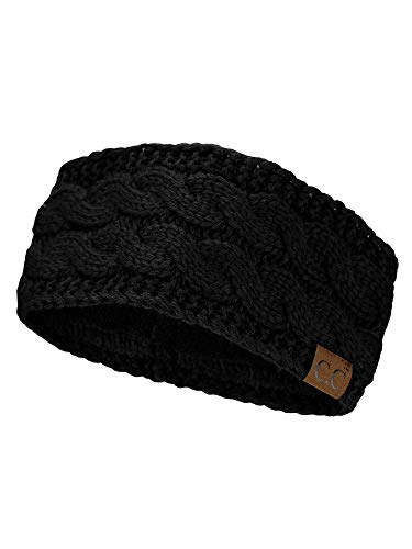 C.C Soft Stretch Winter Warm Cable Knit Fuzzy Lined Ear Warmer Headband, Black