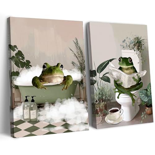 Image of Frimeeme Set of 2 Funny Frog Bathroom Canvas Wall Art,12x16 inches | Frimeeme Set of 2 Funny Frog Bathroom Canvas Wall Art,12x16 inches
