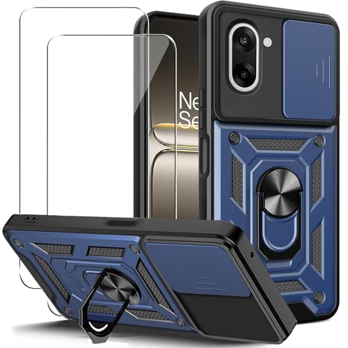 KUSINHOKA Funda para Oneplus Nord CE 5 5G con Protección de Cámara Cubierta y Soporte de Anillo + [2 Pack] Cristal Templado, [Antigolpes Grado Militar] Anti-arañazos Protectora Carcasa, Azul