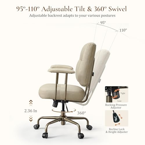 Image of EUREKA ERGONOMIC Becky Home Office Desk Chairs Leather, Comfy Office Chair with Lumbar Support and Arms, Mid-Back, Comfortable Thick Cushion, Mid-Century Modern, Height Adjustable, Off-White