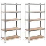 5-Layer Heavy-duty Shelves 2 pcs Silver Steel&Engineered Wood,Heavy Duty Storage Shelves with Sturdy Steel Frames and Adjustable Shelves for Home and Commercial Use Storage Shelving, Industrial Storag