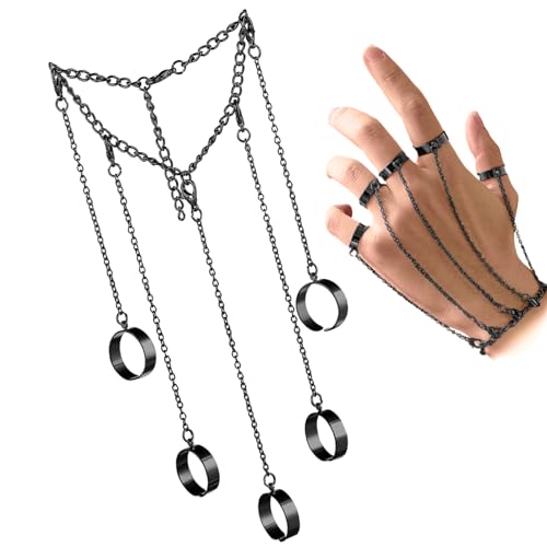 Snowtain Punk Kreuz Knuckle Ring mit Quaste und Kette, Layered Silber Armband für Damen und Herren (Schwarz)