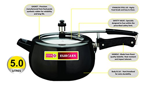 Image of USHA SHRIRAM EUROLEX Gold Induction Base Hard Anodised 5 Litre Pressure Handi with SS Inner Lid Induction Bottom Pressure Handi - Black