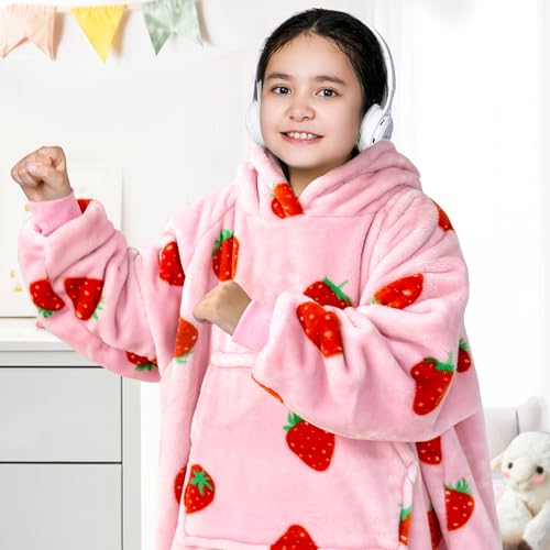 Image of Waitu Wearable Blanket for Kids, Wearable Blanket Hoodie Gifts for Teens Girls and Boys, Warm Blanket Sweatshirt for Teenage, Hoodie Blanket with Sleeves - Strawberry Pink