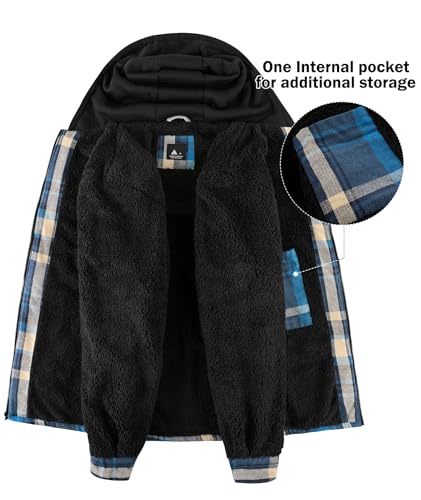 Image of V VALANCH Men's Flannel Shirt Jacket with Hood Fleece Lined Plaid Jacket Zip Up Winter Warm Coat