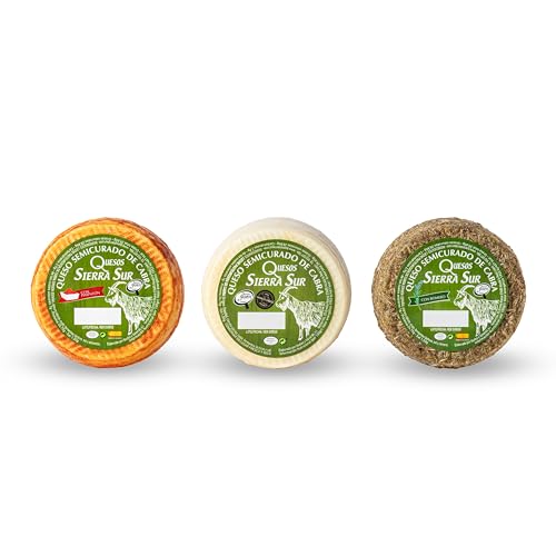 QUESOS SIERRA SUR Queso semicurado de Cabra Pack 3 sabores Queso al Romero, Queso al pimentón y queso al natural en formato de quesos mini 360-400 gramos