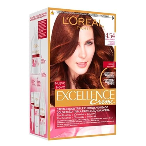L'Oréal Paris Pack 3 Excellence Crème Tinte 4.54 Caoba Cobrizo - Triple Cuidado con Pro-Keratina, Ceramida e Ioneno G