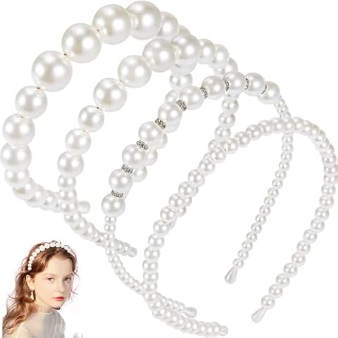 4 Pieces Pearls Headbands White Faux Pearl Rhinestones Hairbands Bridal Hair Hoop Wedding Hair Accessories for Women Girls Wedding Birthday Party Valentines Day Gifts Cover