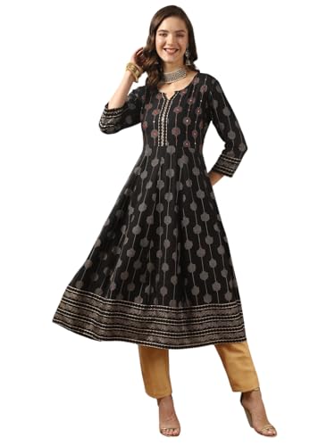 Image of rangita Black Rayon Calf Length Embroidered Anarkali Kurti for Women | Kurta for Women