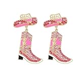 Rhinestone Western Cowboy Dangle Earrings for Women Girls Long Pink Crystal Cowgirl Boots Hat Nashville Statement Charms Drop Dangling Stud Earrings Fashion Nickel Free Festival Party Trip Y2K Jewelry Gifts
