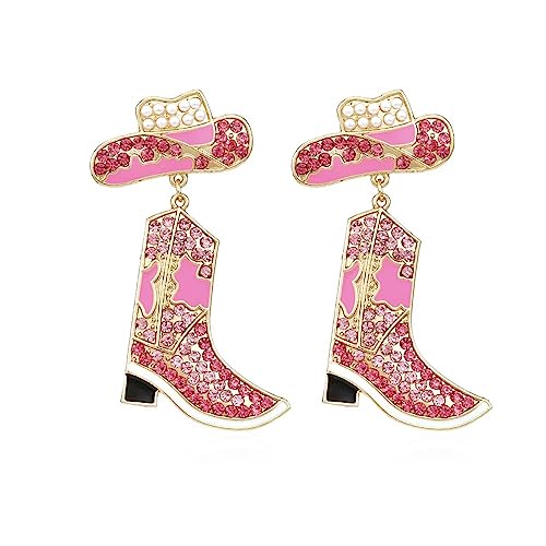 Rhinestone Western Cowboy Dangle Earrings for Women Girls Long Pink Crystal Cowgirl Boots Hat Nashville Statement Charms Drop Dangling Stud Earrings Fashion Nickel Free Festival Party Trip Y2K Jewelry Gifts