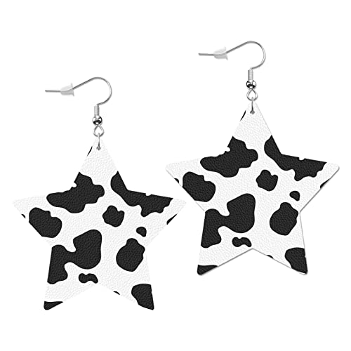 Swono Cow Texture Leather Earrings Black White Spot Animal Print Dalmatian Dog Stains Star Faux Leather Earring Lightweight Dangle Drop Earrings for Women