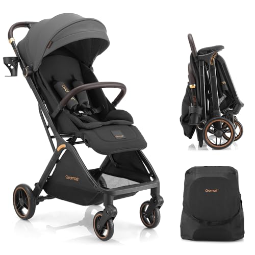 Gromast Cochecito de bebé plegable Gravity, cochecito de viaje portátil con respaldo ajustable y toldo, ligero y protegido contra los rayos UV, plegable automáticamente con una mano, Gris