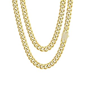 ChainsHouse Stainless Steel Cuban Link Chain for Men, Black/ 14K Gold Plated Cuban Chain Necklace with Iced Out Diamond Clasp, 6mm/9mm/12mm Width,18″-30″, Send Gift Box