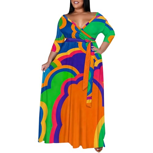 Image of SUZONANA Plus Size Maxi Dresses for Curcy Women Casual Loose 3 /4 Sleeve Long Dress with Belt